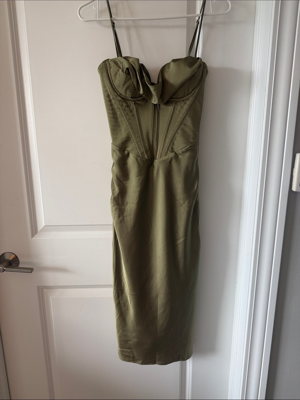 House of CB Olive Green Strapless Midi with Drape Bodice